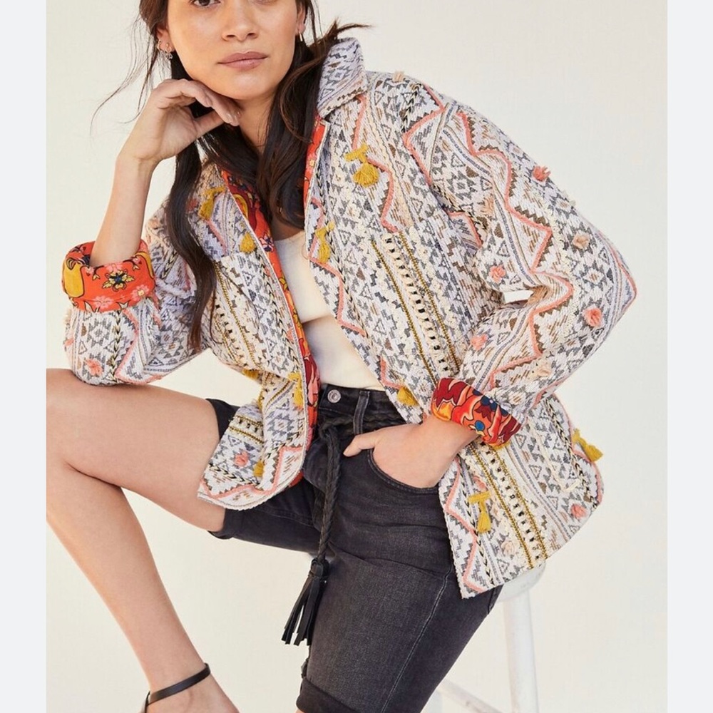 New Anthropologie Bohemian Floral Tweed Jacket Beige Orange Large -